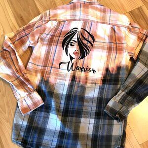 Bleached Flannel Shirt, Size Medium: Upcycled Painted Lady Portrait Warrior